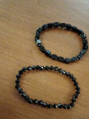 Black Beaded Stretch Bracelets - Set of 2